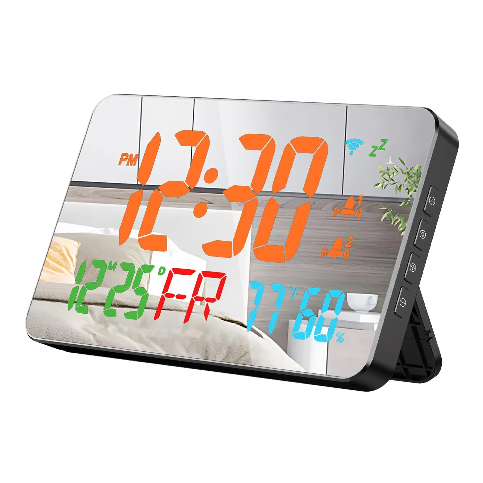 Digital Alarm Clock Electric Clock Date 12/24H Mirror Surface Desktop Clock for