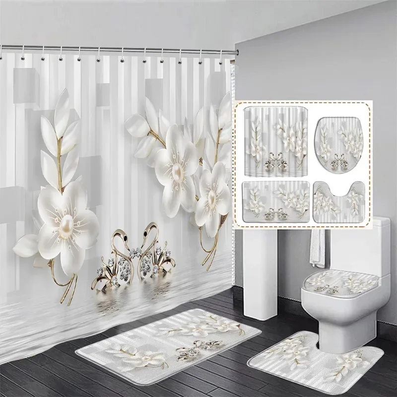 

Fashion Pearl floral shower curtain set diamond Swan White stripe geometric woman home bathroom decor bath mats toilet lid cover