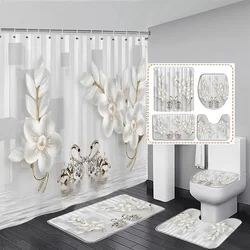 Fashion Pearl floral shower curtain set diamond Swan White stripe geometric woman home bathroom decor bath mats toilet lid cover