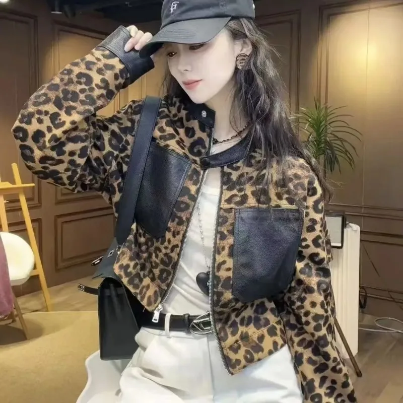 Vintage PU Leather Patchwork Jacket Leopard Print Bomber Jacket Women Zip Short Coat Spring Autumn Pocket Tops Outerwear Trend