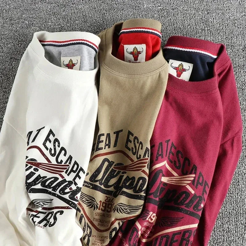 

Autumn new American retro trend letter pattern long sleeve T-shirt men's cotton casual base shirt