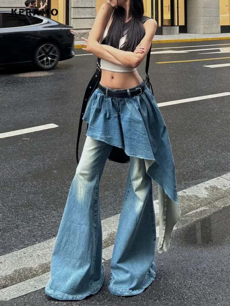 Women's Casual Retro Denim Trouser Harajuku Solid High Waist Loose Jeans Wide Leg Baggy Emo Patchwork Design 2000s Pants