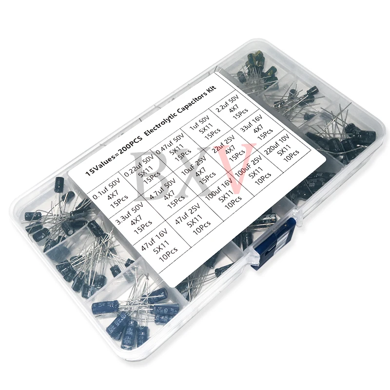 15Kinds 200PCS/LOT Electrolytic Capacitor Organization Storage 0.1-220uF Capacitors Assortment Box Kit