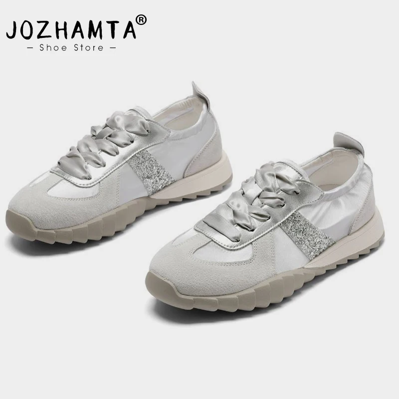 JOZHAMTA Size 35-40 Women Sparkly Glitter Sneakers Real Leathe Mid Heels Athletic Shoes 2025 Shiny Lace-Up Tennis Daily Dress