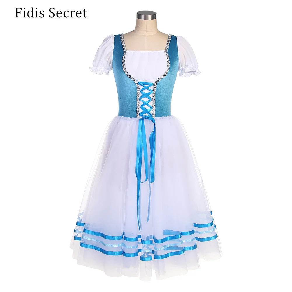 

Adult Lake Blue Velvet Bodice Giselle Ballet Stage Wear w/ White Romantic Long Tutu,Girls Professional Peasant Dance Costumes