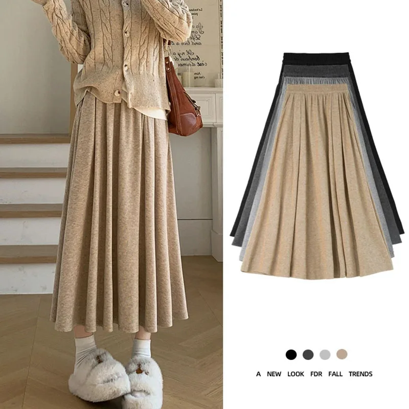 

Women's Pleated Skirt 2025 New High Waisted Casual All-Match A-Line Skirts Female Autumn Winter Clothing Woman Knit Long Skirts