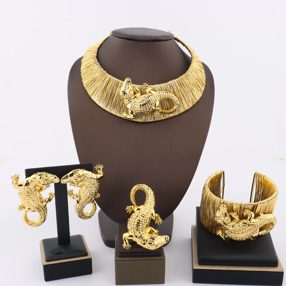 

African Gilding 4Pcs Jewelry Set Crocodile Necklace Earrings Luxury Ring Bangle Party Jewelery Accessories Valentine's Day Gift