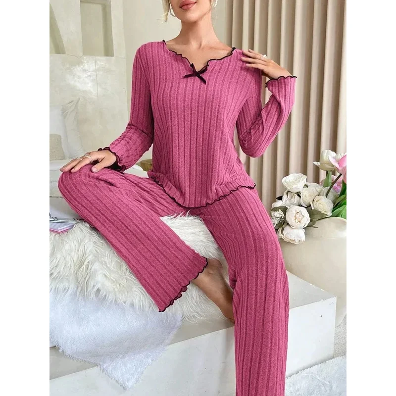 

Women's Ribbed Pajamas Set, Autumn and Winter Sleepwear, Long Sleeve Top Pants, 2-Piece, Casual Homewear, Loungewear