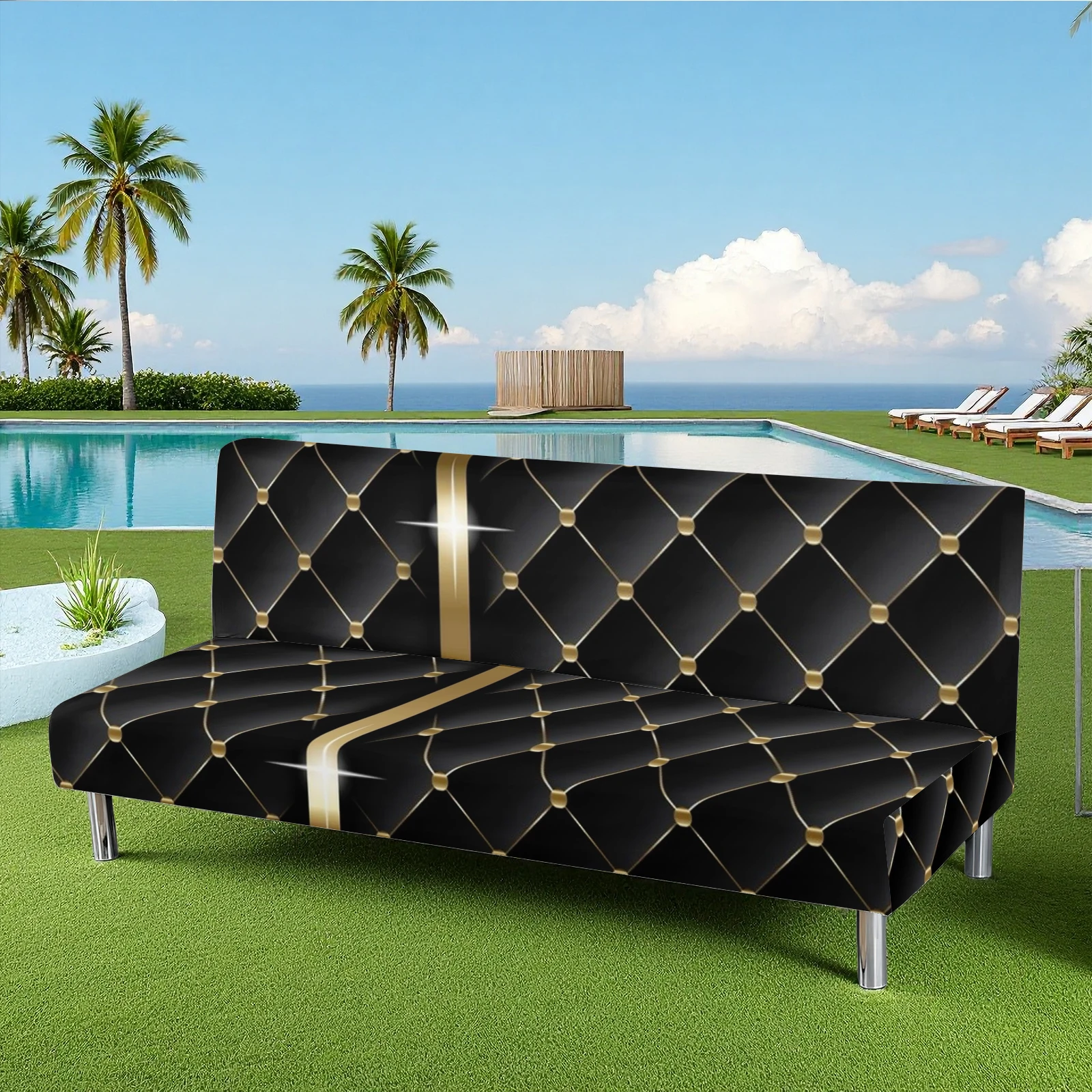 Luxury Black Gold Pattern Summer Outdoor Sofa Bed Cover, Elastic Stretch, Pet - Friendly, Washable Without D