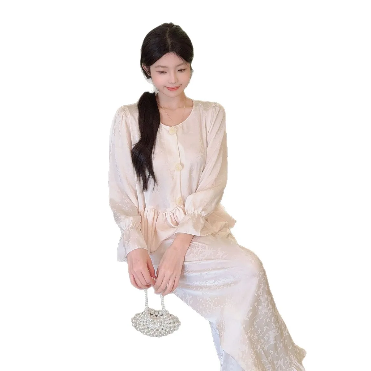 Sexy Jacquard Ruffles Pajamas Set Sleep Set Women's Home Clothes Long Shirt Pants Loungewear Gift Pijamas Suit
