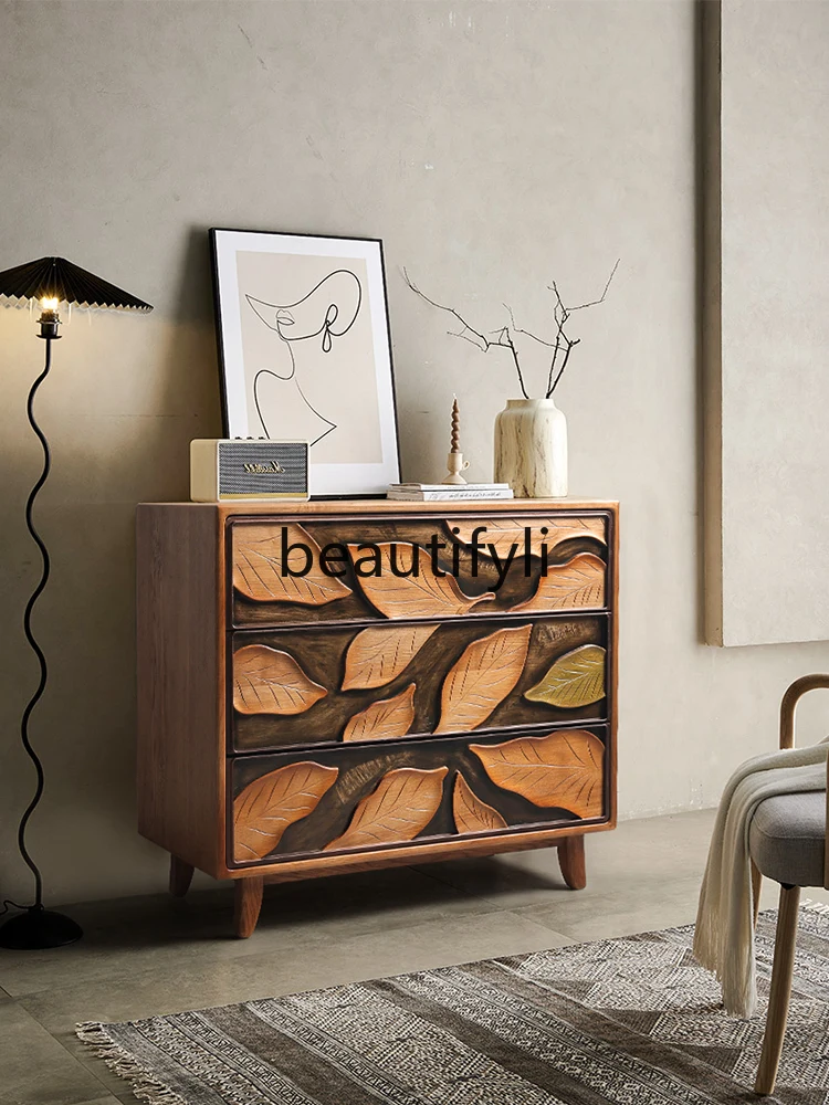 

Log wind retro art chest three drawers bedside table ash wood relief maple leaf locker