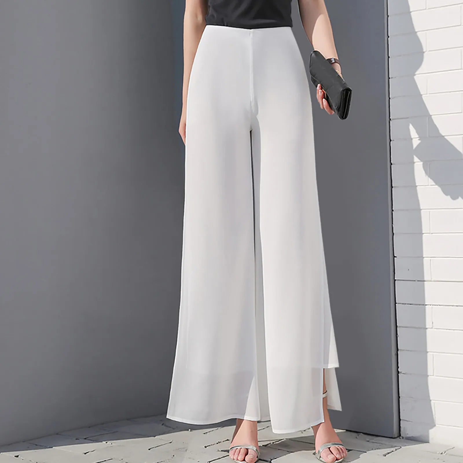 Women'S Autumn Pants Solid Color High Waist Double Layer Side Slit Wide Leg Long Pants Spring Vintage Flare Trousers Casual 2024