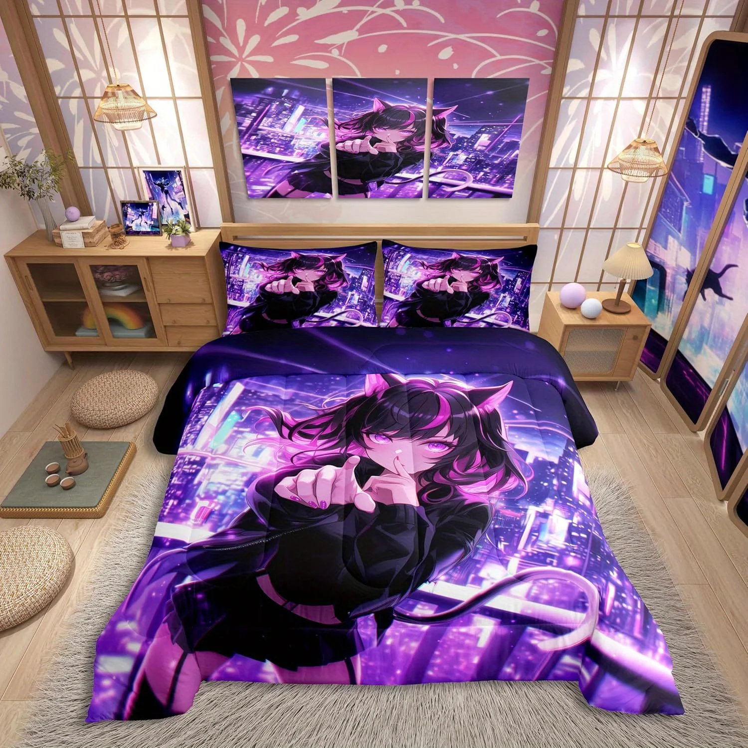 Erosebridal 3/2pcs Anime Bedding Set, Japanese Anime Comforter Set, Cartoon Duvet Insert for Teens Bedroom Decor, Kawaii Japanes