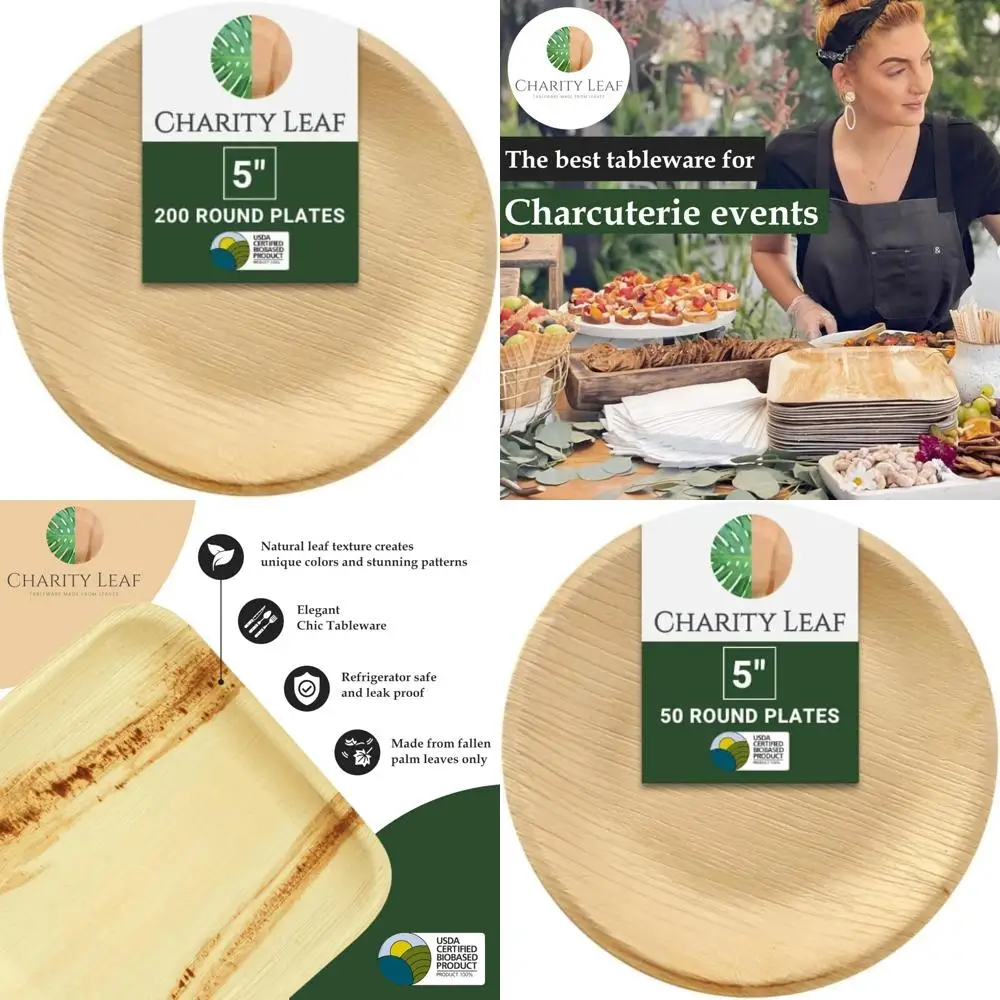 

Eco-Friendly Disposable Palm Leaf Plates - 5 Round Bamboo-Style Serving Platters, 200 Count
