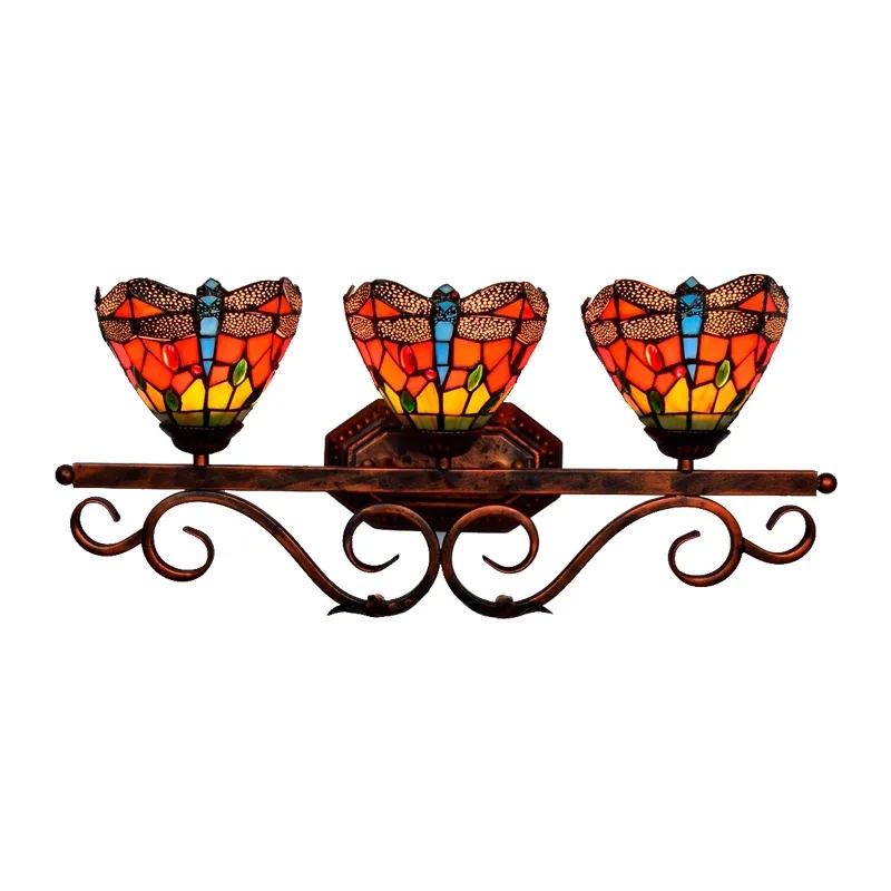 

Vintage red dragonfly stained glass bathroom mirror headlights, American hallway bar three wall lights