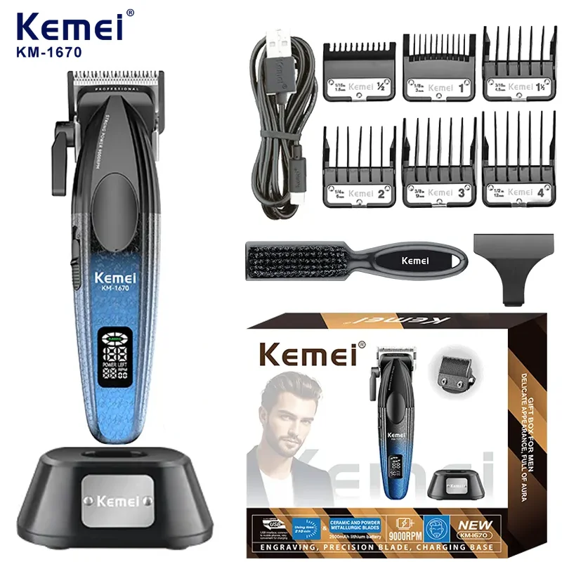 Kemei 1670 Men's Professional Hair Clipper Electric Beard Trimer Adjustable Barber Hair Trimmer Rechargeable Base，9000 RPM motor