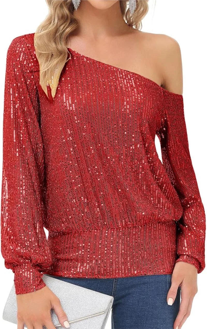 Women's Tops 2025 Spring and Summer Simple and Fashionable V-neck Mid-length Skirt Oblique Shoulder Sequin Women's Dress Tops