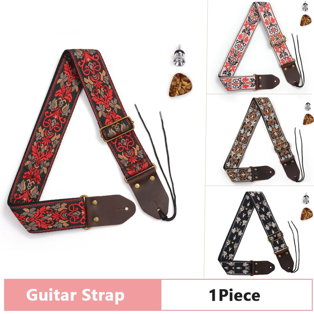 

Vintage Flowers Genuine Leather Head Stripes Bohemia Style Guitar Strap for Guitar / Bass, Woven Embroidery Fabrics Strap