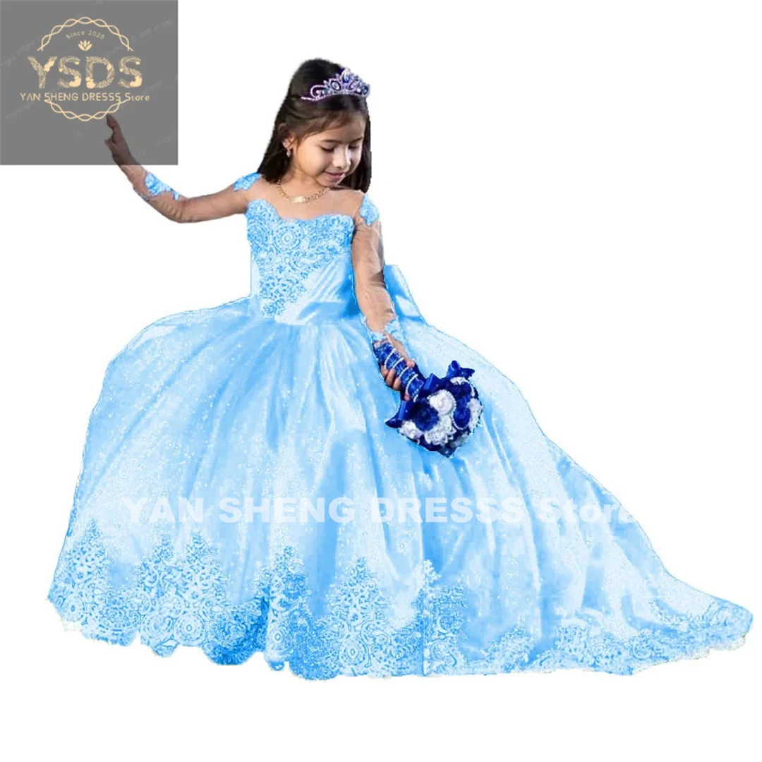 

Royal Blue White Lace Appliqué Flower Girl Dresses Scoop Neck Full Sleeves Princess Pageant Dress Kids Long Party Communio Gown