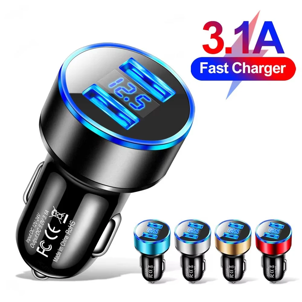 LED Display Voltmeter 3.1A Dual USB Phone Charger Car Cigarette Lighter Power Adapter Socket Splitter For 12-24V Cars Charger