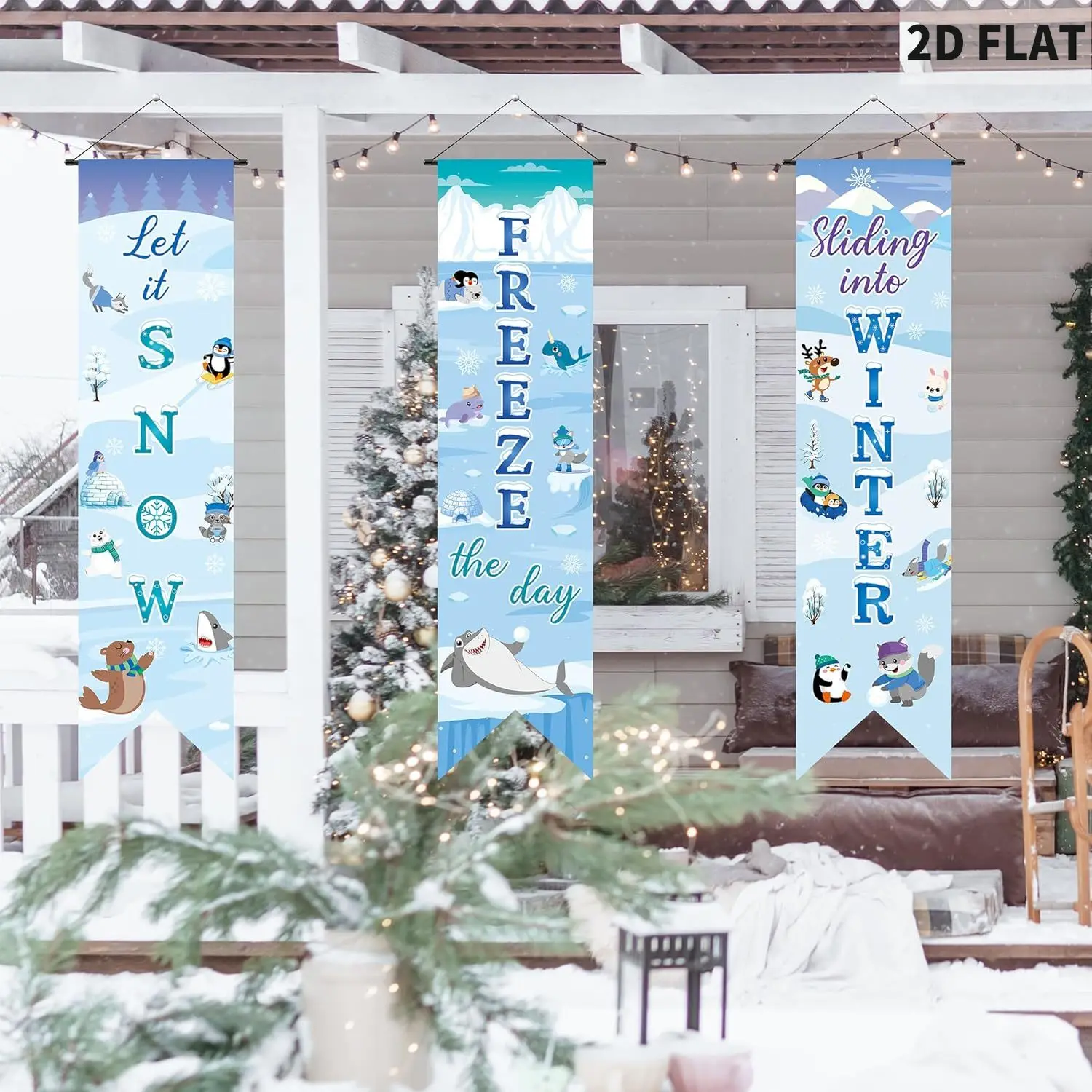 

3Pcs Winter Polar Animal Porch Banners Sign, Winter Theme Party Supplies, For Classroom Let It Snow Winter Hanging Door Banner