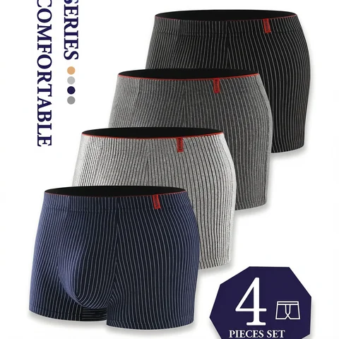 4 Pieces of Men's Boxer Underwear Soft, Breathable and Comfortable Men's Briefs Striped Trendy Personality Casual Loose Boxers