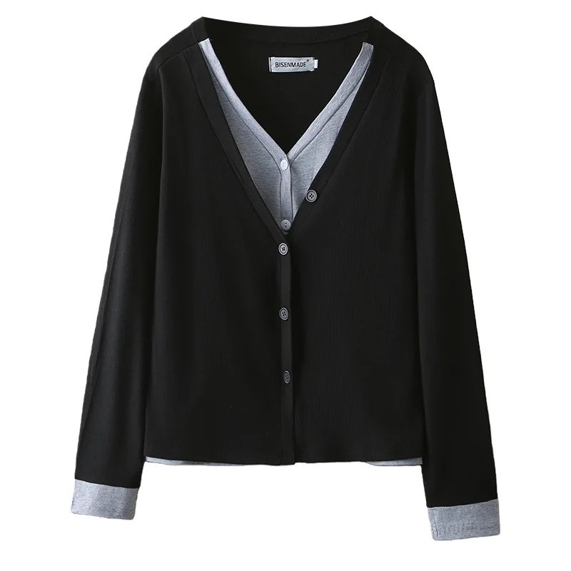 

Модная женская футболка XXXXL больших размеров, весна 2026, новый стиль, с V-образным вырезом, имитация двухслойного топа, модель 8805