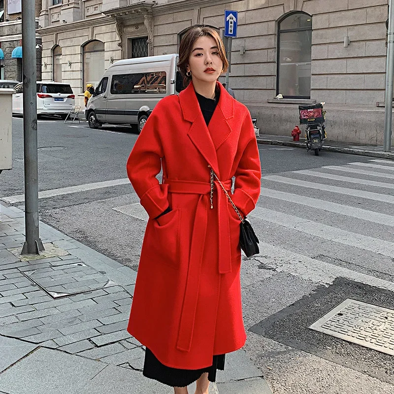 Classic Model 100% Real Wool Long Warp Overcoat Belt Turn-down Collar Dense Fabric Narrow Notch Lapel Coat Women Fall Winter