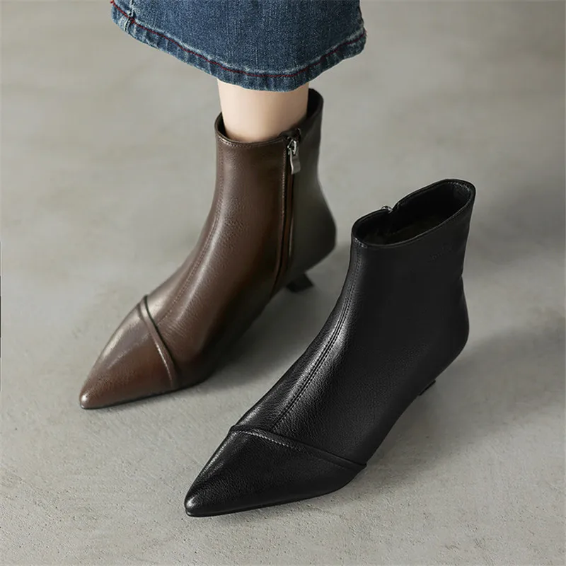 

New Autumn Winter Sheep Leather Women Boots Pointed Toe Boots for Women Fashion Versatile Mid Heels Shoes Ankle Boots Handmade