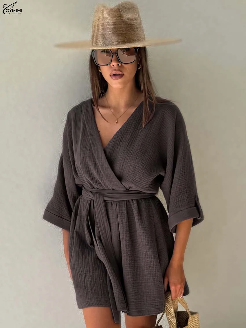 

Oymimi Casual Brown Cotton Women's Dress Elegant V-Neck Three Quarter Sleeve Dresses Fashion Lace-Up Mini Dresses Streetwear