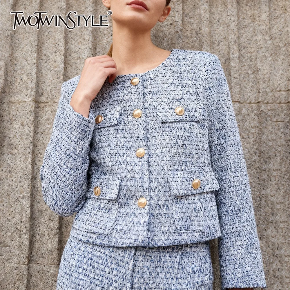 

TWOTWINSTYLE офисное твидовое пальто с карманами для женщин с круглым вырезом и длинными рукавами, тонкая лоскутная куртка на пуговицах, роскошная женская осенняя куртка