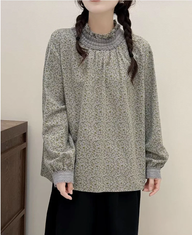 2025 Mori girl Japan style spring vintage stand collar long sleeve printed shirts cotton yarn blouses Youthful woman clothes