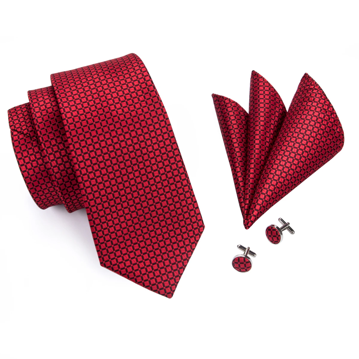 Hi-Tie Designer Red Burgundy Plaid Silk Wedding Tie For Men Handky Cufflink Set Gift Mens Necktie Fashion Business Party