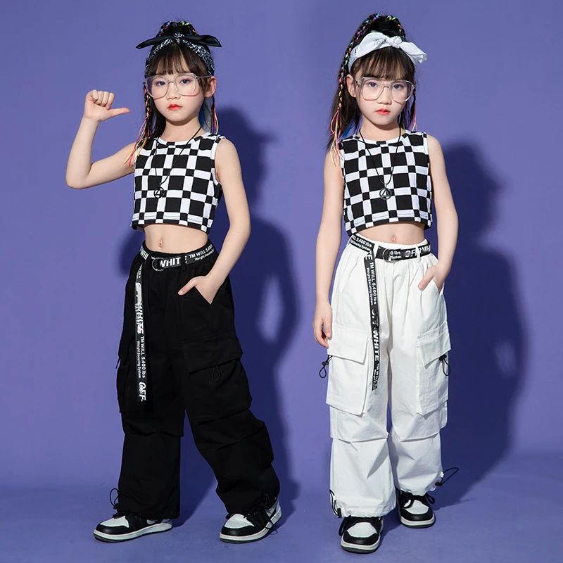 Modern Jazz Dance Clothes for Girls Plaid Vest Baggy Cargo Pants Kids Hip Hop Dance Costume Teen Kpop Performance Outfits Summer