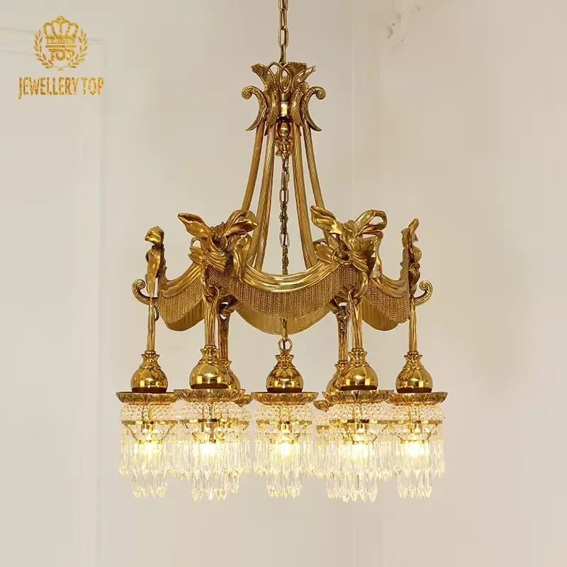 Jewellerytop European French Classic Crystal Decorative Victorian Antique Brass Crown Chandelier Pendant Light