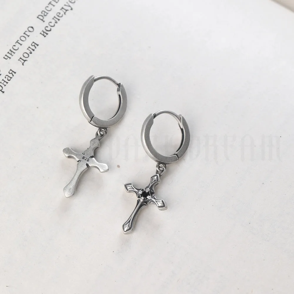 

Unisex 925 Sterling Silver Cross Drop Earrings with Black Crystal Gothic Punk Style Creative Design Jewelry for Girls And Boys