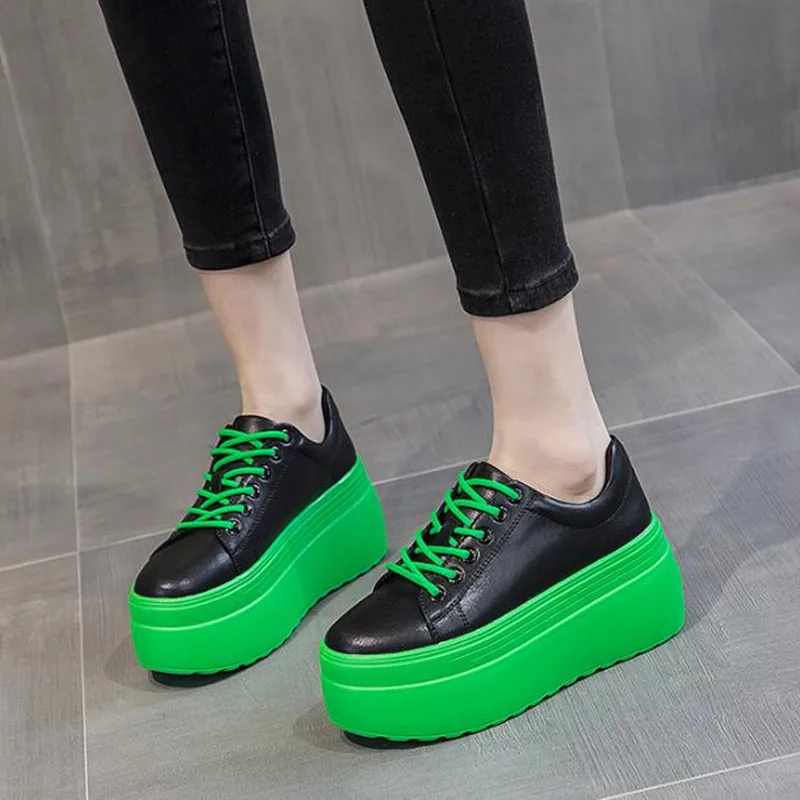 

Luxury Genuine Leather Women Casual Shoes Super Thick 8cm Platform Wedge Women Fashion Sneakers Chunky Summer Skateboard Shoes