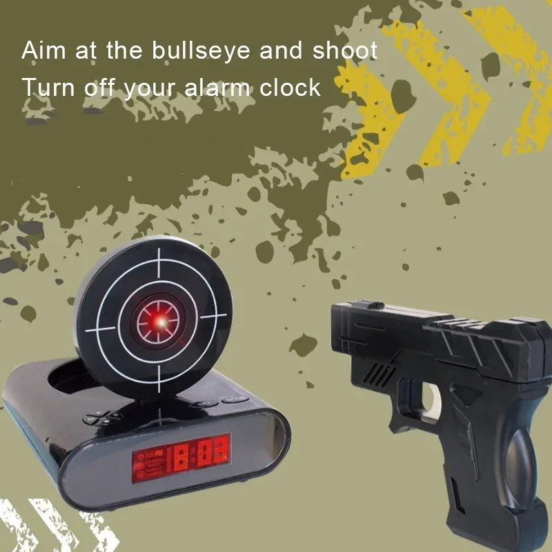 Target Shooting Electronic Alarm Clock, LED Pistol Shooting Student Lazy Recording Alarm Clock, Gun Model Desk Clock Digital