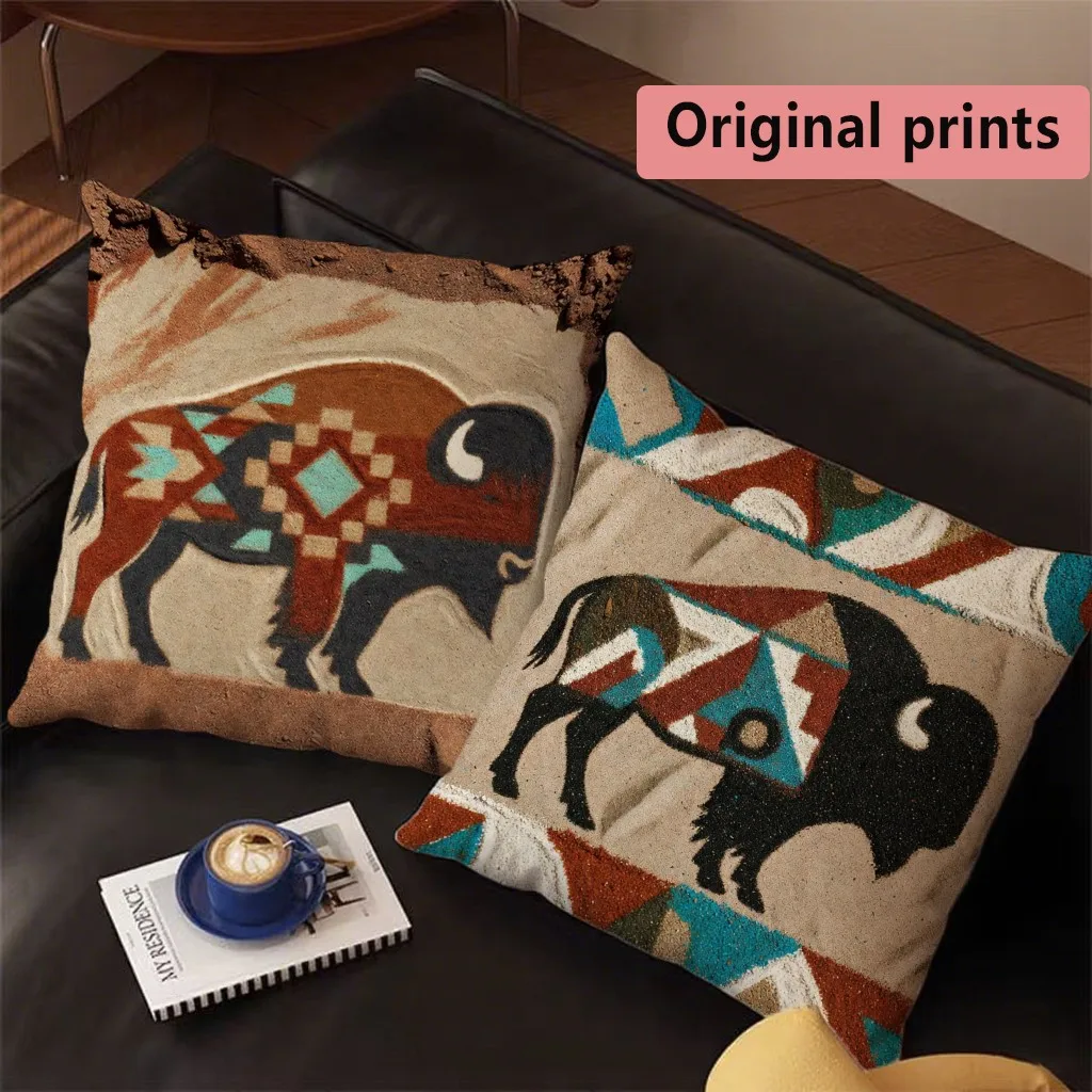 Southwestern Bison Print Pillow Covers Pattern Cushion Cover Suitable for Sofa Bedroom Car Pillow Cover