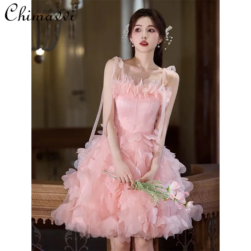 

Весеннее французское элегантное розовое платье без рукавов и бретелек 2026 года, с 3D цветами, пышное, для дня рождения, для женщин