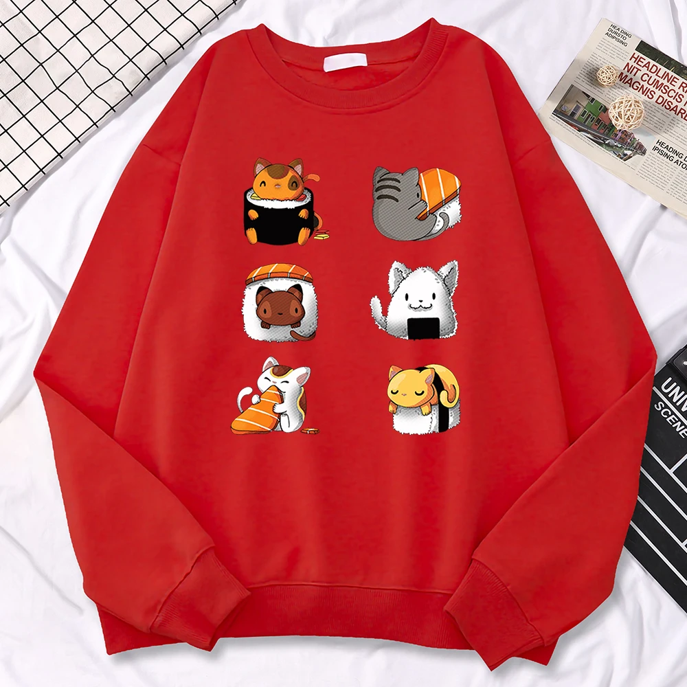 Casual Street Women Sweatshirt Various Types Of Cat Sushi Printing Hoodies Fleece All-Math Pullover Warm Loose Female Clothes