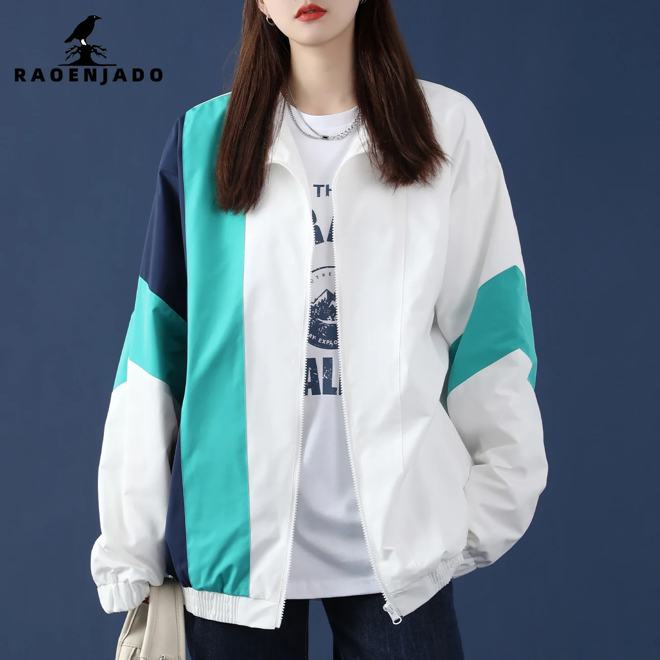 Women's Stand-up Collar Zipper Jacket Spring&Autumn Loose-Fit Coat Casual Patchwork Color-Block Breathable Mesh Lining Outerwear