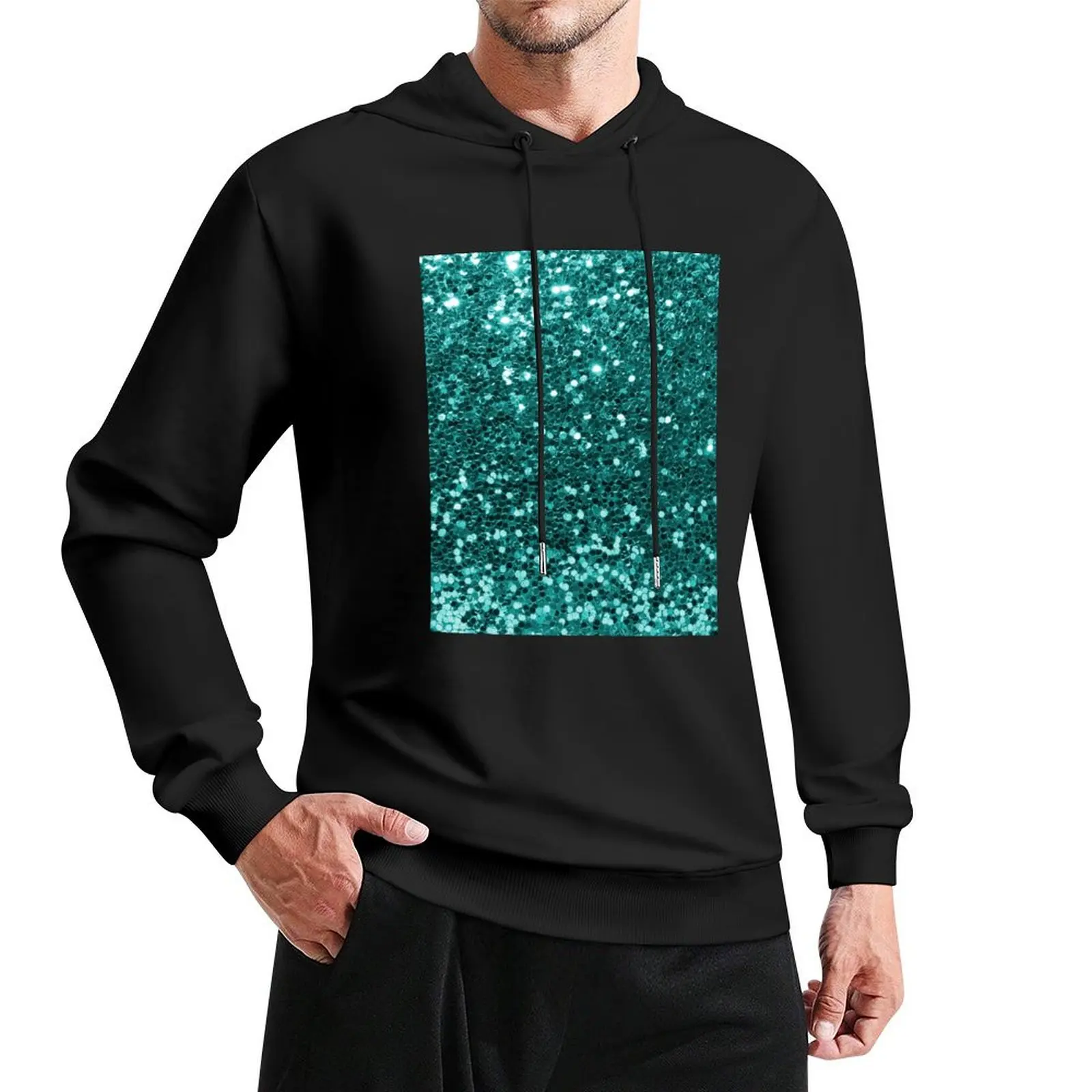 Turquoise Blue Glitter Look Chunky Sequin Pullover Hoodie male clothes autumn hoodie