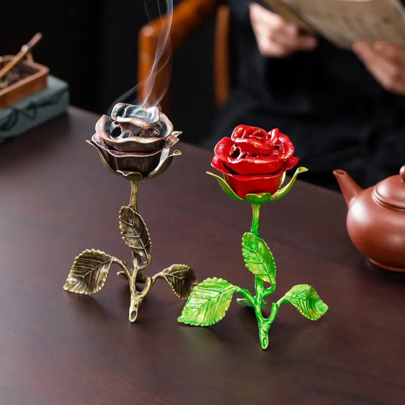 Incense Burner Factory Price Rose Alloy Sandalwood Holder Home Decor for Study Room Yoga Meditation Valentine's Day Gift