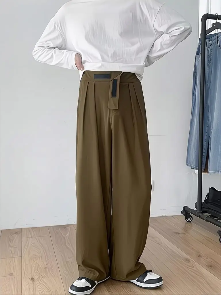 Men's Streetwear Brown Draped Suit Pants With Velcro Fashion Wide leg Oversize Pants Harajuku Long Straight Trousers