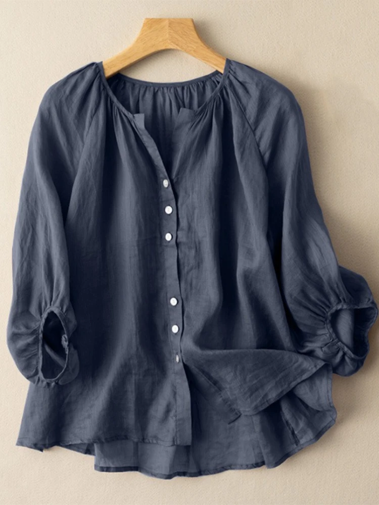 Femmes printemps été nouvelle mode grande taille littéraire rétro col en v décontracté haut ample nouvelle lanterne manches couleur unie chemise