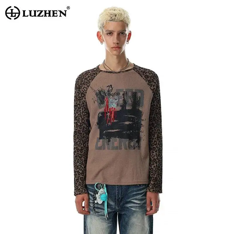 LUZHEN 2026 New Fashion Niche Pattern Printed Leopard Splicing Long Sleeve T-shirts Men Handsome High Quality Casual Tops JY7935
