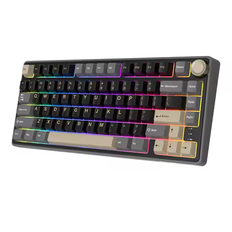 Teclado Mecânico com Fio R75 em Português Brasileiro, Keycaps PBT em Inglês, RGB, Hot-swappable, Gasket, Teclado Gamer com Knob, Royal Kludge