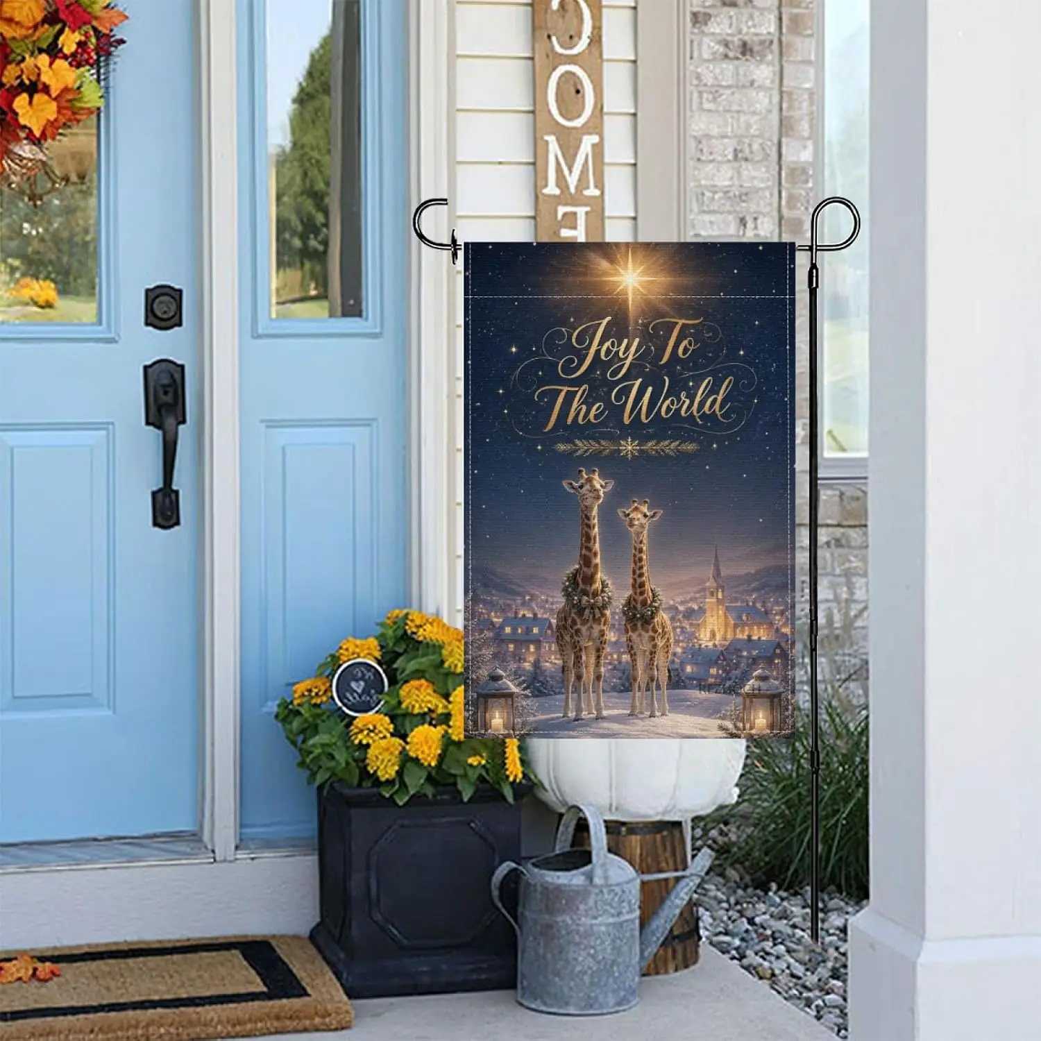 Joy To The World Cute Giraffe Welcome Garden Flag 12x18Inch,Fun Animal Winter Snowy Night Outdoor Yard Holiday Christmas Dec kkz