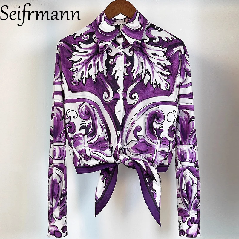 เสื้อผู้หญิงเซฟร์มันน์ เอลิแกนท์คอปกพับได้กระดุมแถวเดียวแขนยาวแฟชั่นพิมพ์ลายเสื้อผ้าฝ้าย
